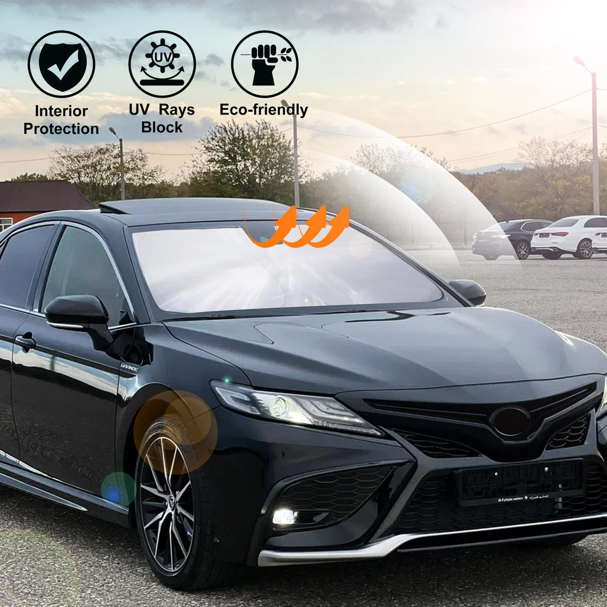 LHFLIVE lifestyle shot of parked Camry with shade reducing interior temperature