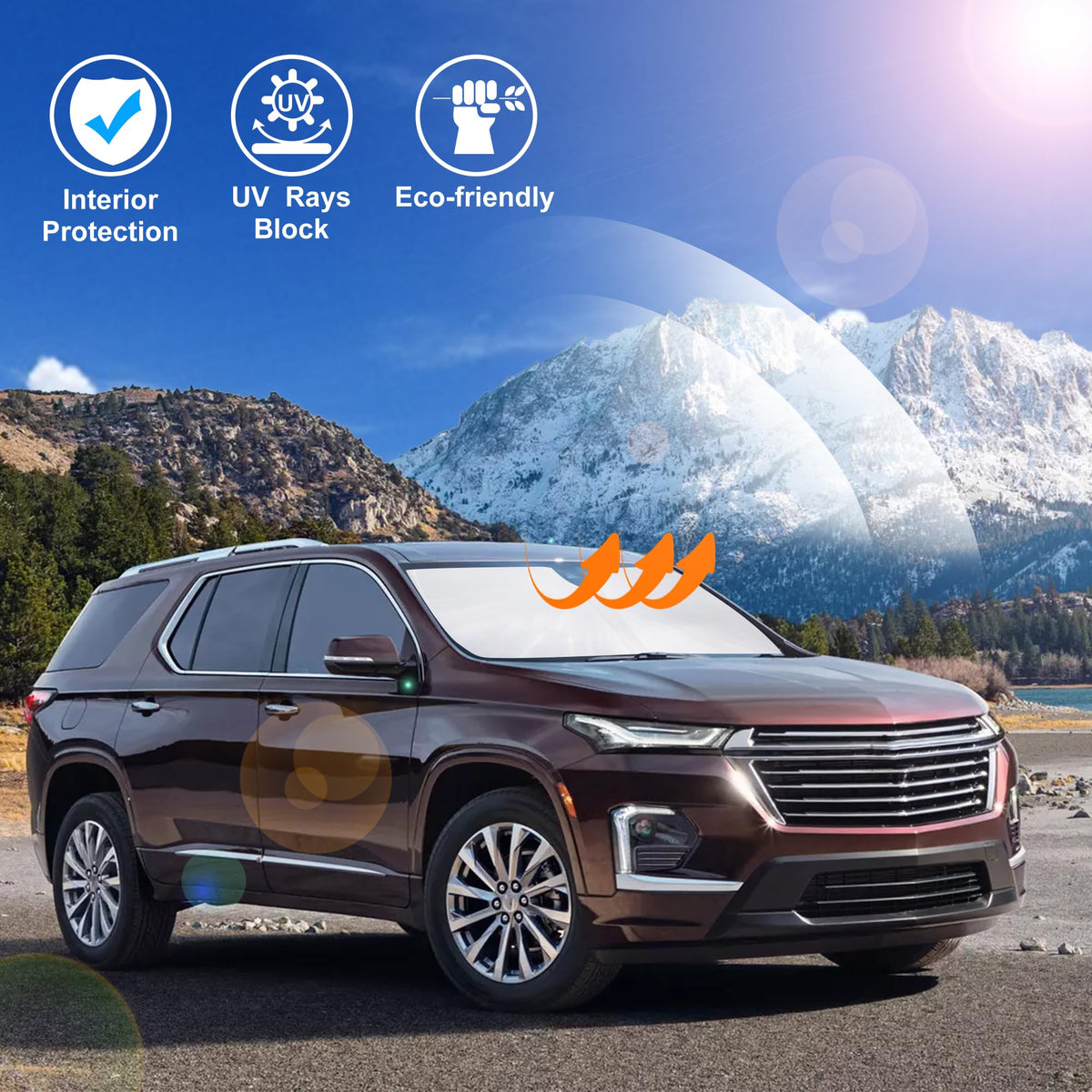 LHFLIVE lifestyle image with parked Traverse using shade to keep interior cool
