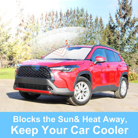 LHFLIVE sun shade in a parked Corolla Cross illustrating cooler cabin and preserved interior