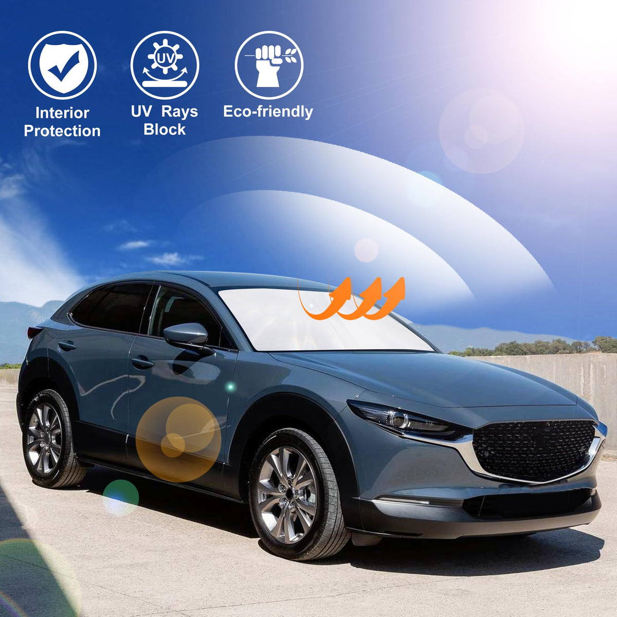 LHFLIVE sun shade in parked Mazda CX-30 in sunny outdoor lifestyle setting