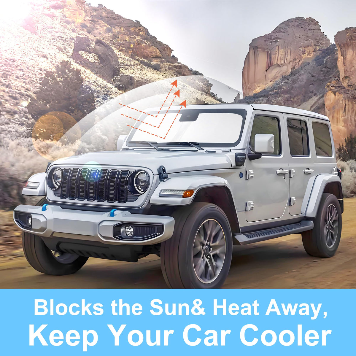 LHFLIVE lifestyle shot of parked Jeep with shade reducing interior heat