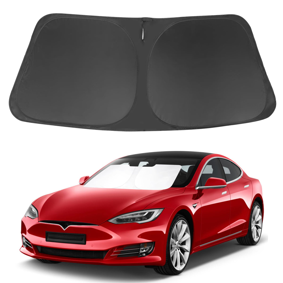 LHFLIVE front view sun shade installed on Model S windshield reduces cabin heat