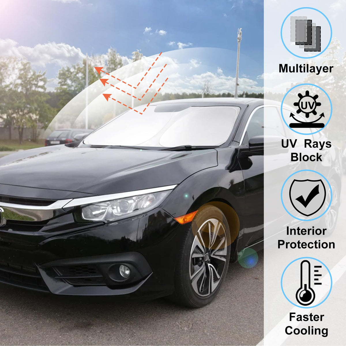 LHFLIVE close-up of sun shade contour fitted to Honda Civic windshield for secure fit