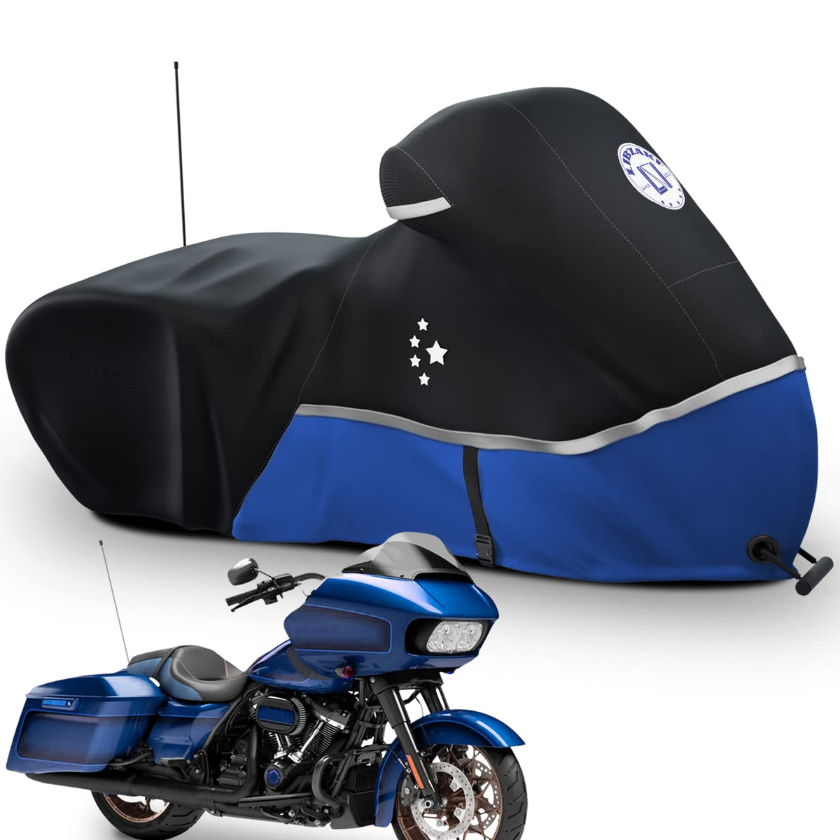 LI LIBZAKI front view showing full blue coverage and bike protection