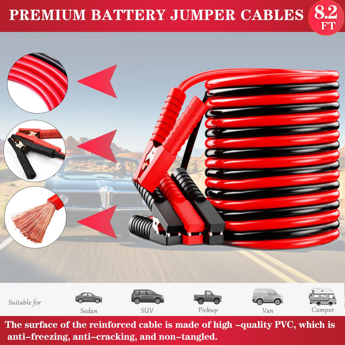 LIANXIN closeup of UL-listed jumper cables with PVC-encased clamps for safer connections