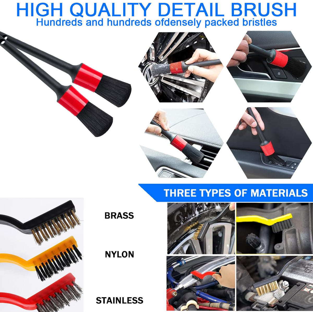 LIANXIN wheel and tire brushes close-up showing tough bristles for brake dust removal