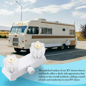 Liberflow mounted outside RV as shower showing convenient outdoor rinse use