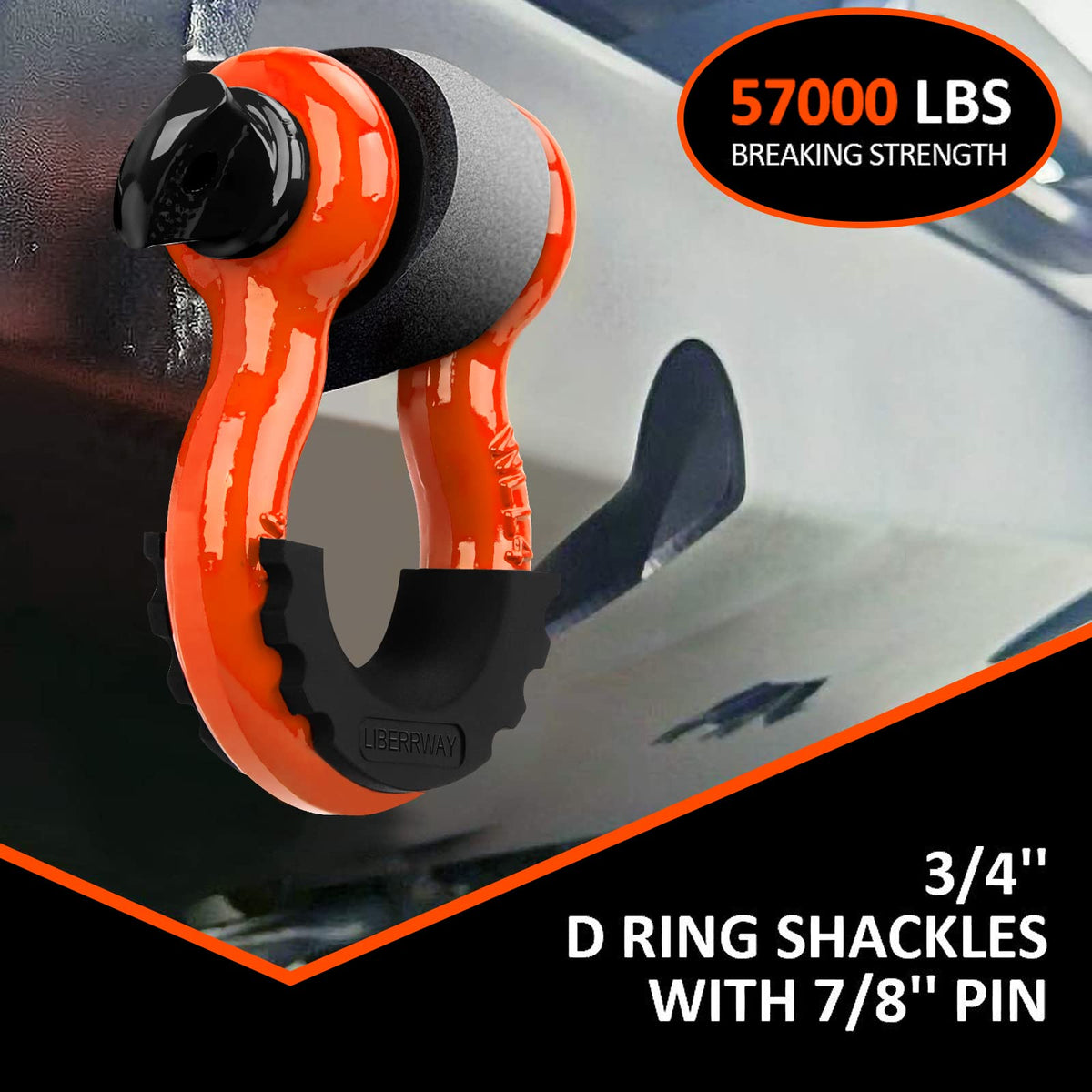 LIBERRWAY shackle attached to winch and snatch strap illustrating real-world vehicle recovery use