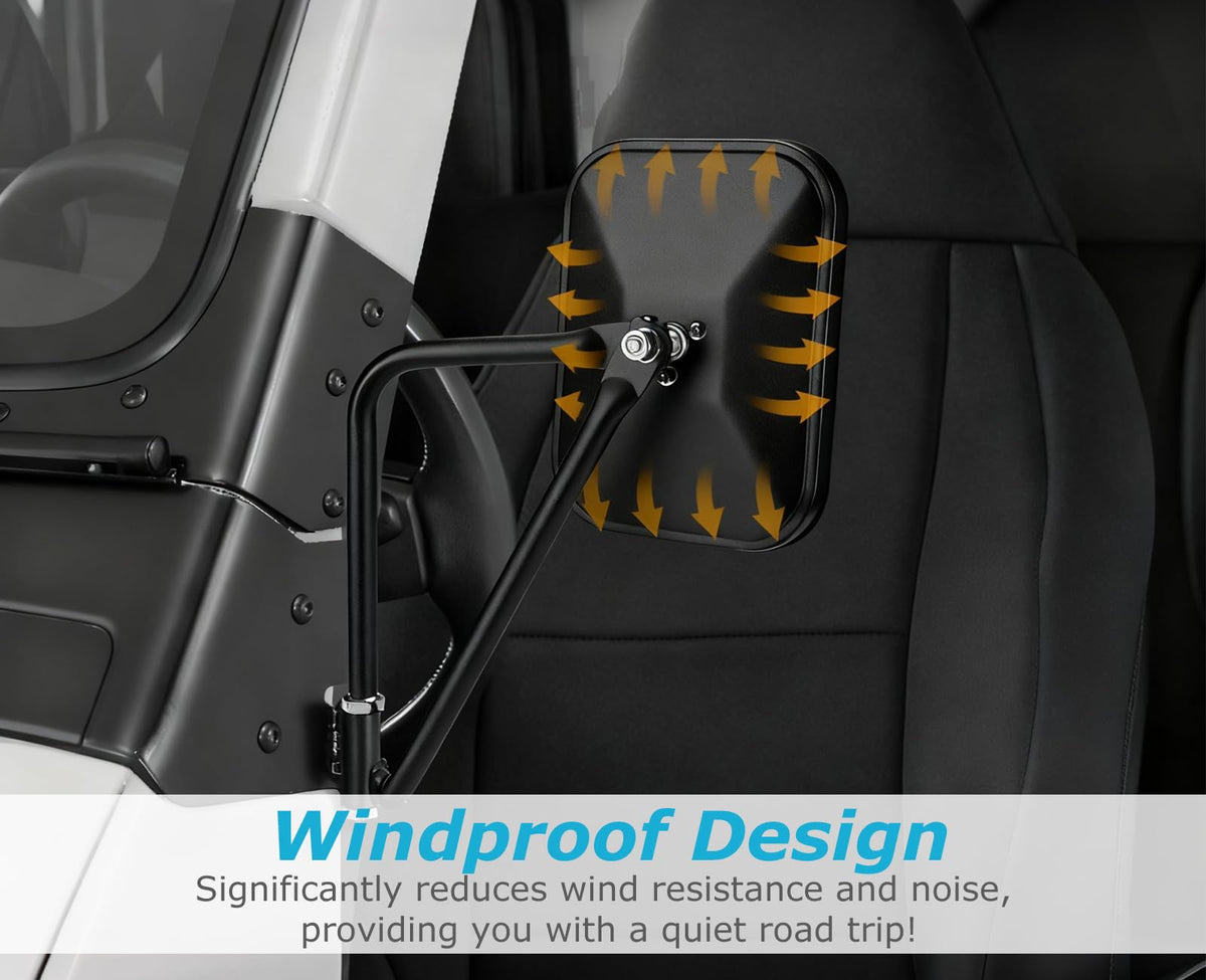 Liberrway passenger-side mirror on Jeep in outdoor setting showing safe open-air driving benefit