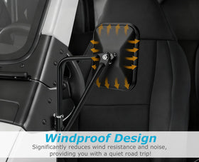 Liberrway passenger-side mirror on Jeep in outdoor setting showing safe open-air driving benefit