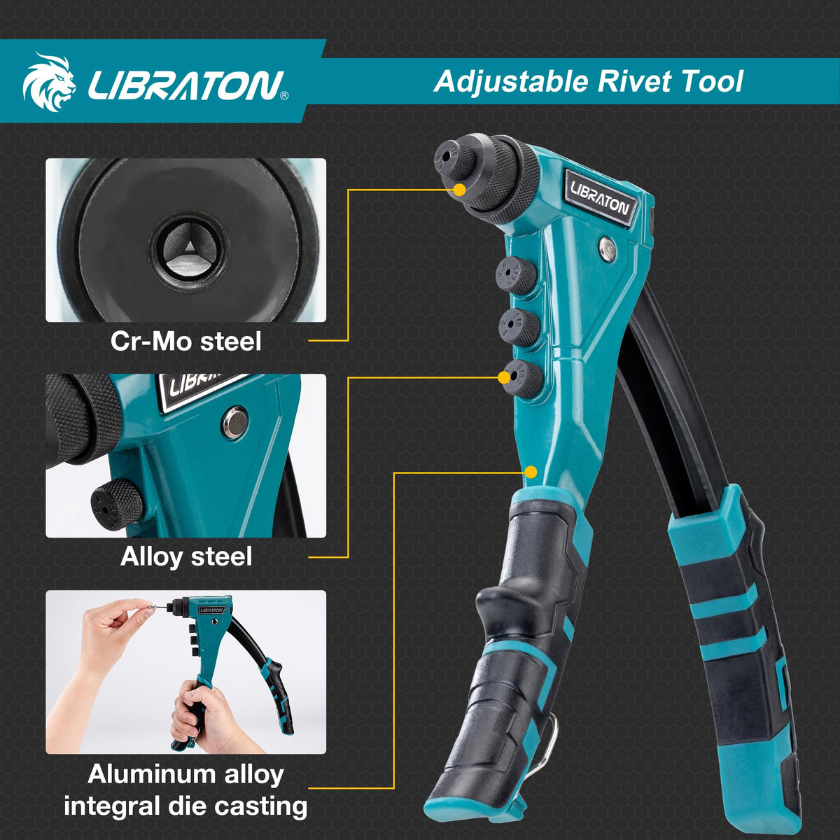 LIBRATON close-up of four interchangeable nozzles and rivets for quick size swaps