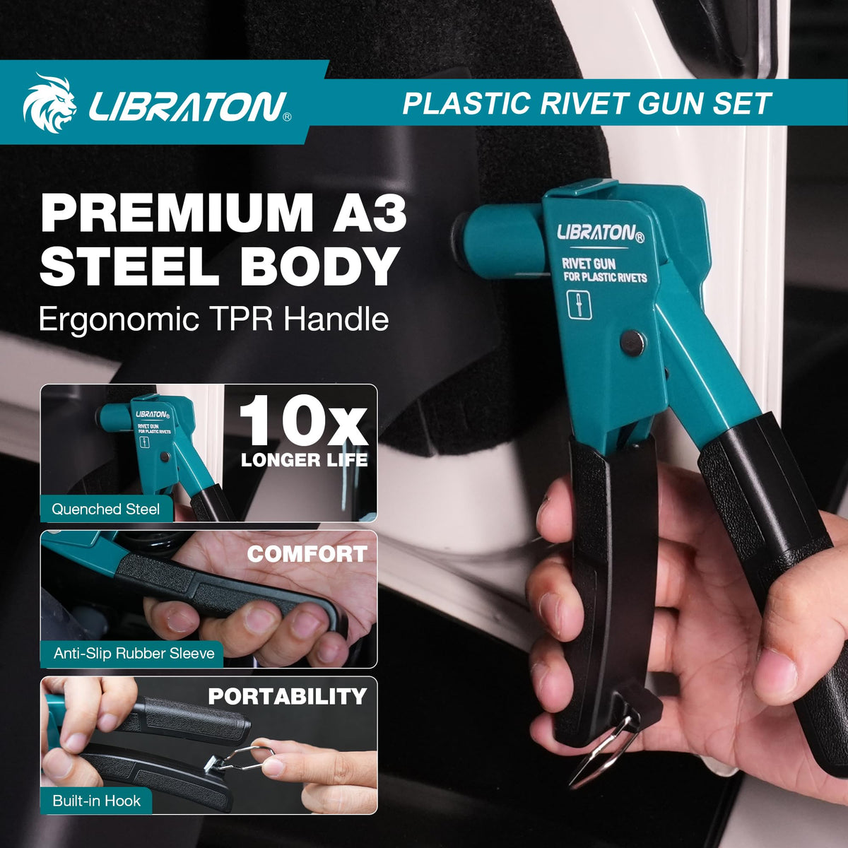 LIBRATON fastener removal pry bar included in kit for quick, clean extraction of nylon rivets