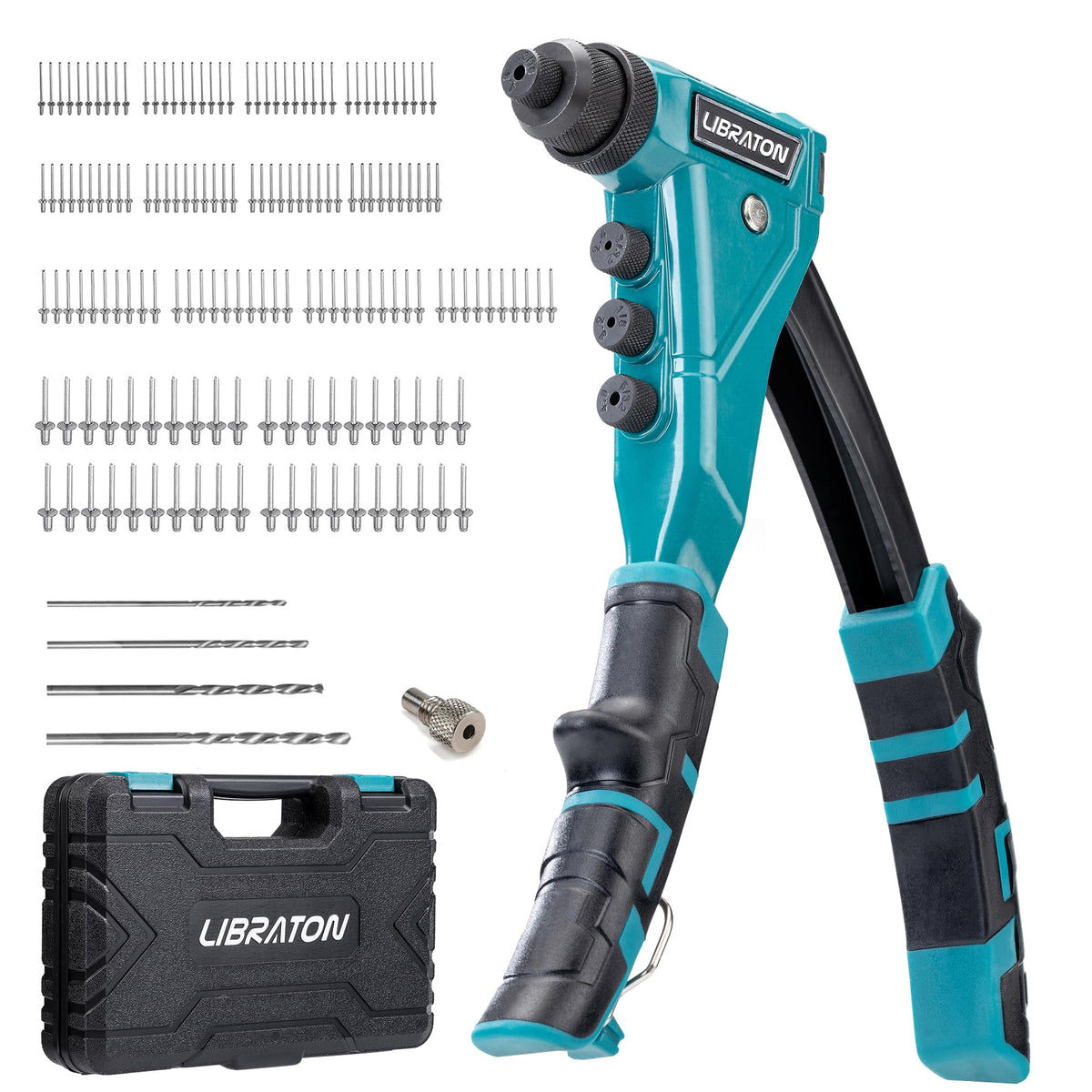 LIBRATON front view of rivet gun and case showing organized kit and portability benefit