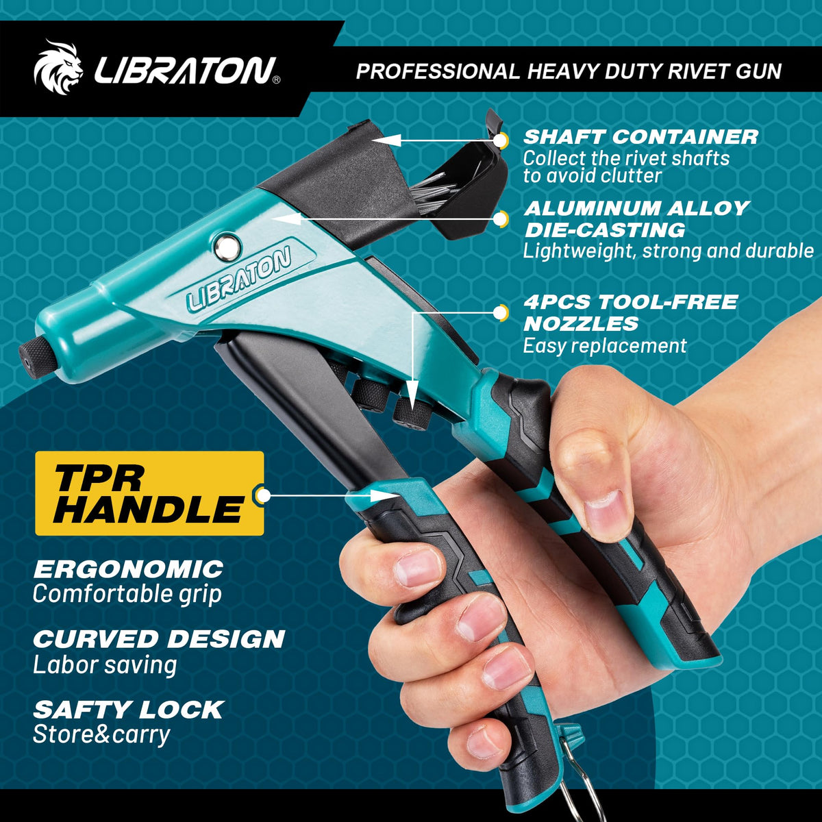 LIBRATON TPR ergonomic handle close-up for reduced hand fatigue