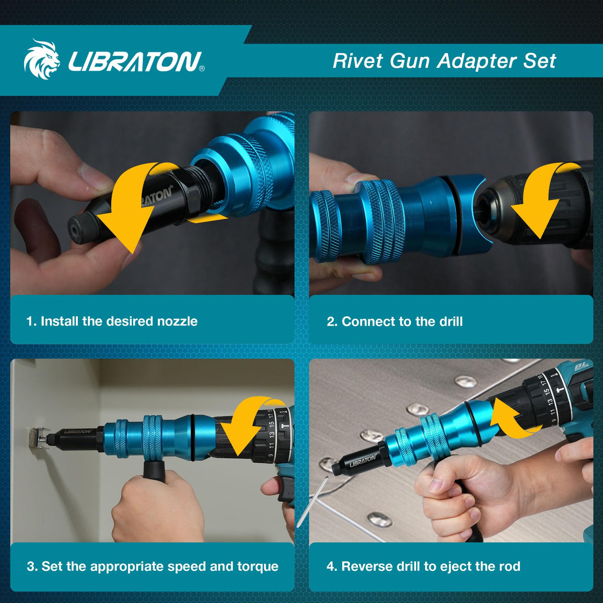LIBRATON adapter mounted in drill capturing a rivet in action