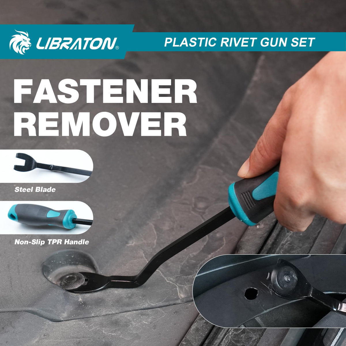 LIBRATON rivet gun in use behind dashboard illustrating reach into cramped automotive areas