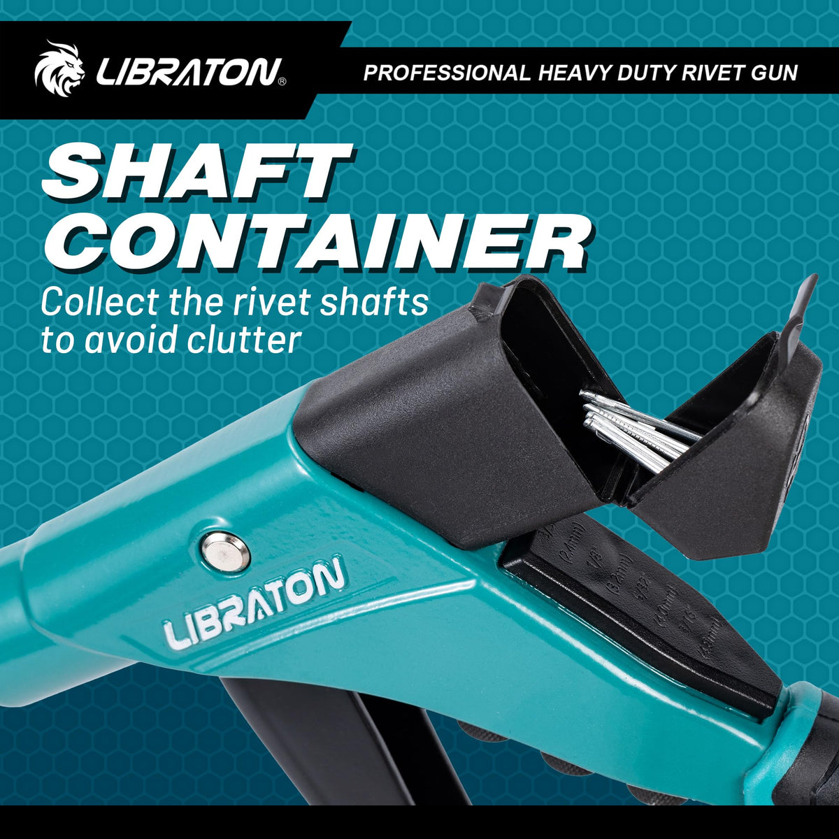 LIBRATON nozzles and rivets arranged illustrating size variety