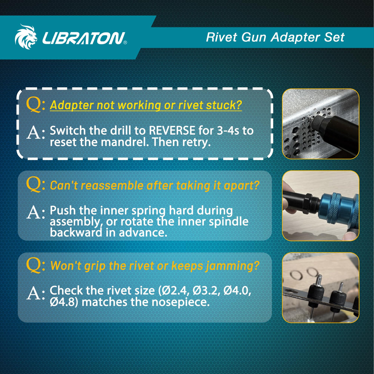 LIBRATON packaging open with four nosepieces and forty rivets visible
