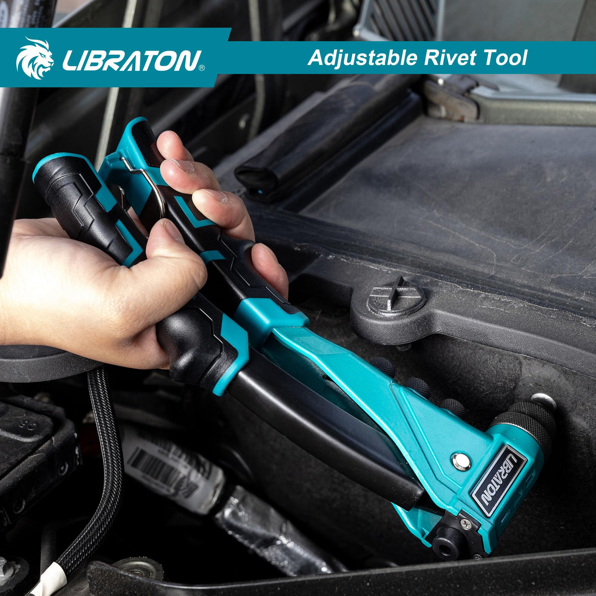 LIBRATON carrying case open with tool and rivets neatly stored for easy transport