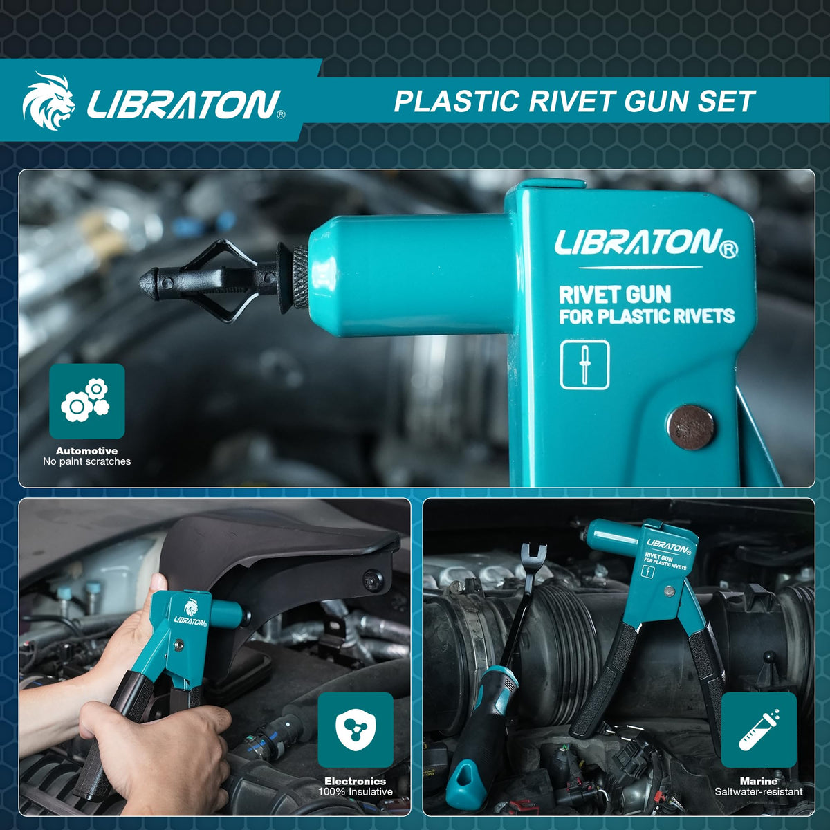 LIBRATON complete packed kit arranged to show tool, remover and 40 rivets for ready use