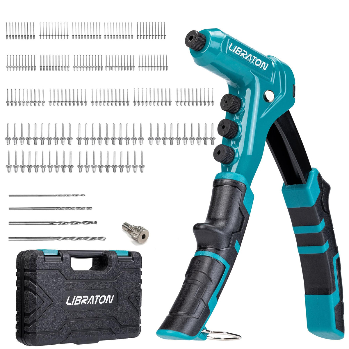 LIBRATON rivet gun front view showing ergonomic shape and ready-to-use kit