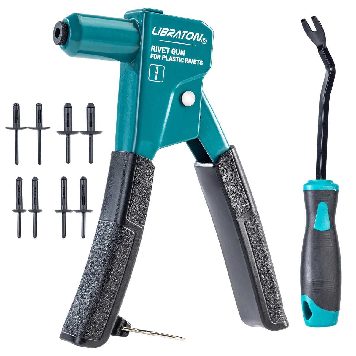 LIBRATON rivet gun front view showing compact 90 degree head and lightweight design for better access