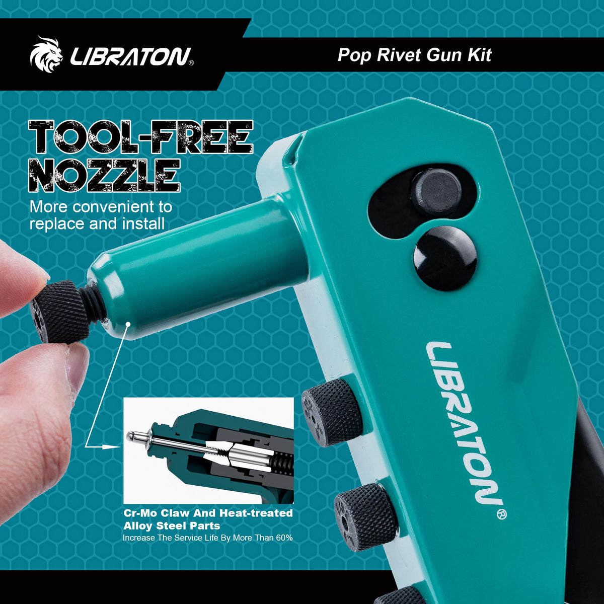 LIBRATON rivet gun in use on sheet metal illustrating secure fastening benefit