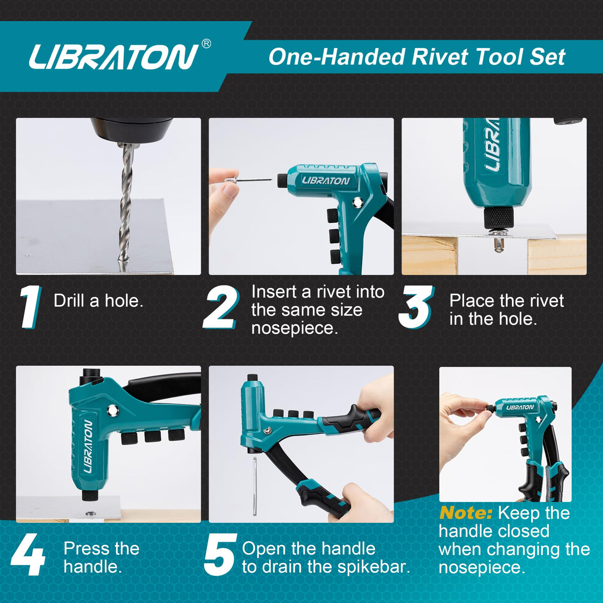 LIBRATON rivet gun removal nozzle close-up for clearing spent mandrels