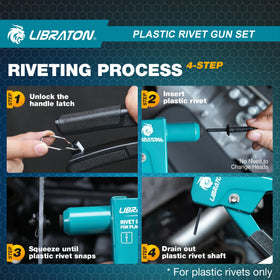 LIBRATON assorted nylon rivets and parts layout showing four sizes for versatile fastening tasks