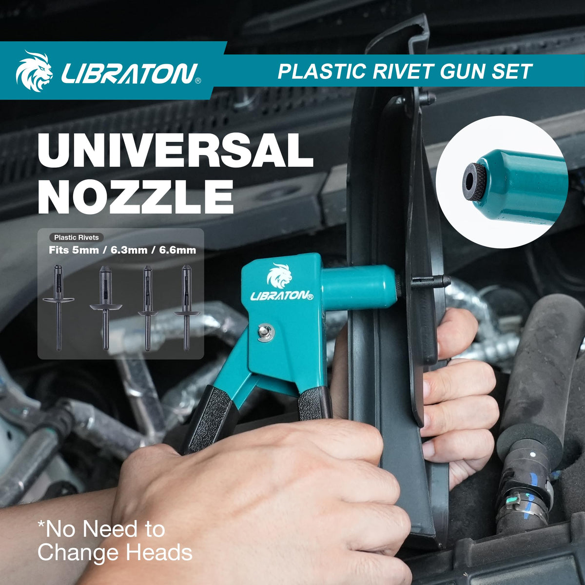 LIBRATON rivet gun held in hand for scale emphasizing lightweight 353g profile and control
