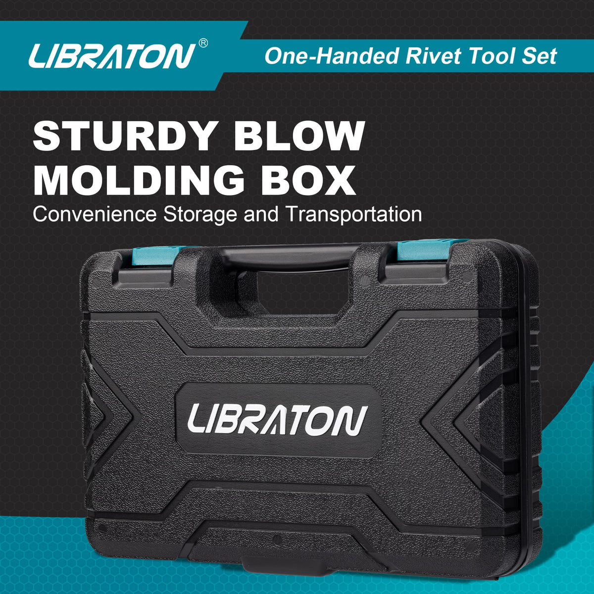 LIBRATON riveter next to a hand to show compact size and ergonomic scale