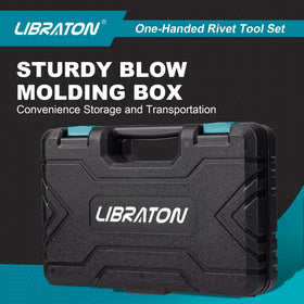 LIBRATON riveter next to a hand to show compact size and ergonomic scale