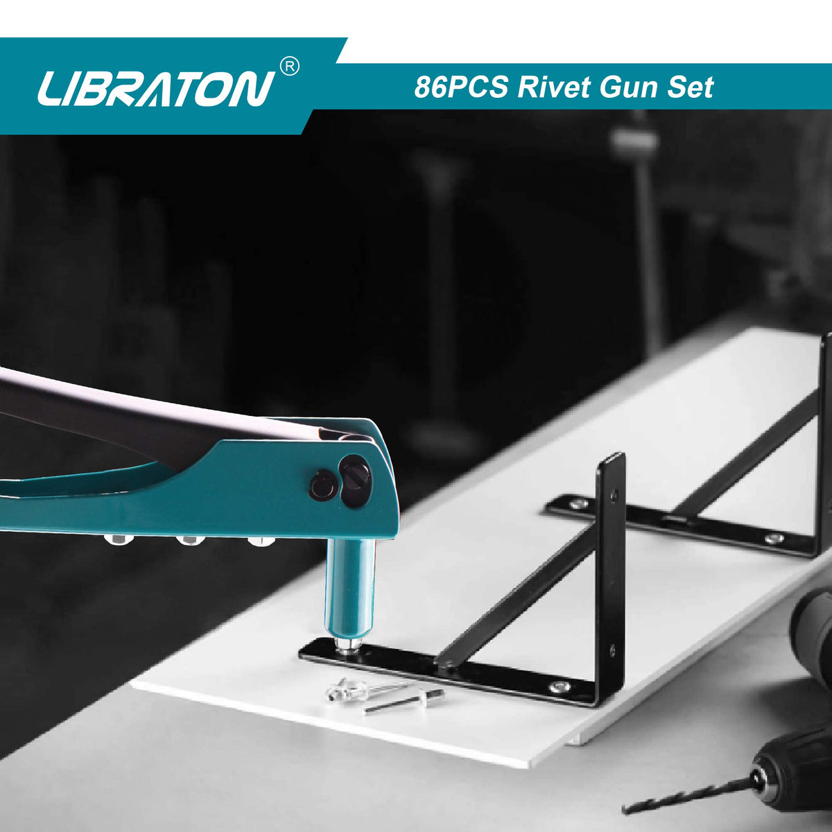 LIBRATON rivet gun beside a hand to show compact scale and control