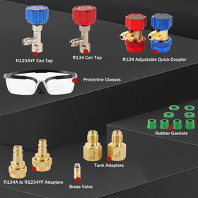 Lichamp adapters and quick-connects arranged to highlight R1234YF and R134A compatibility