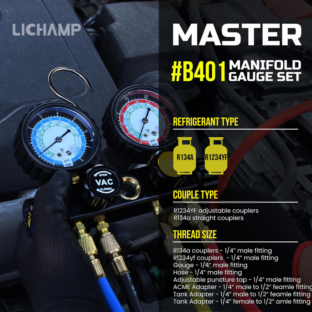 Lichamp closeup gauges clear dials for quick pressure readings