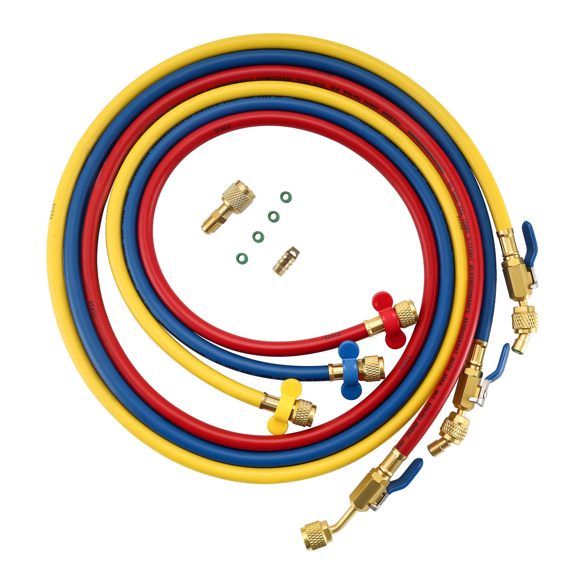 Lichamp front view of three 60-inch A2L refrigerant hoses showing clear labeling and benefit of quick identification