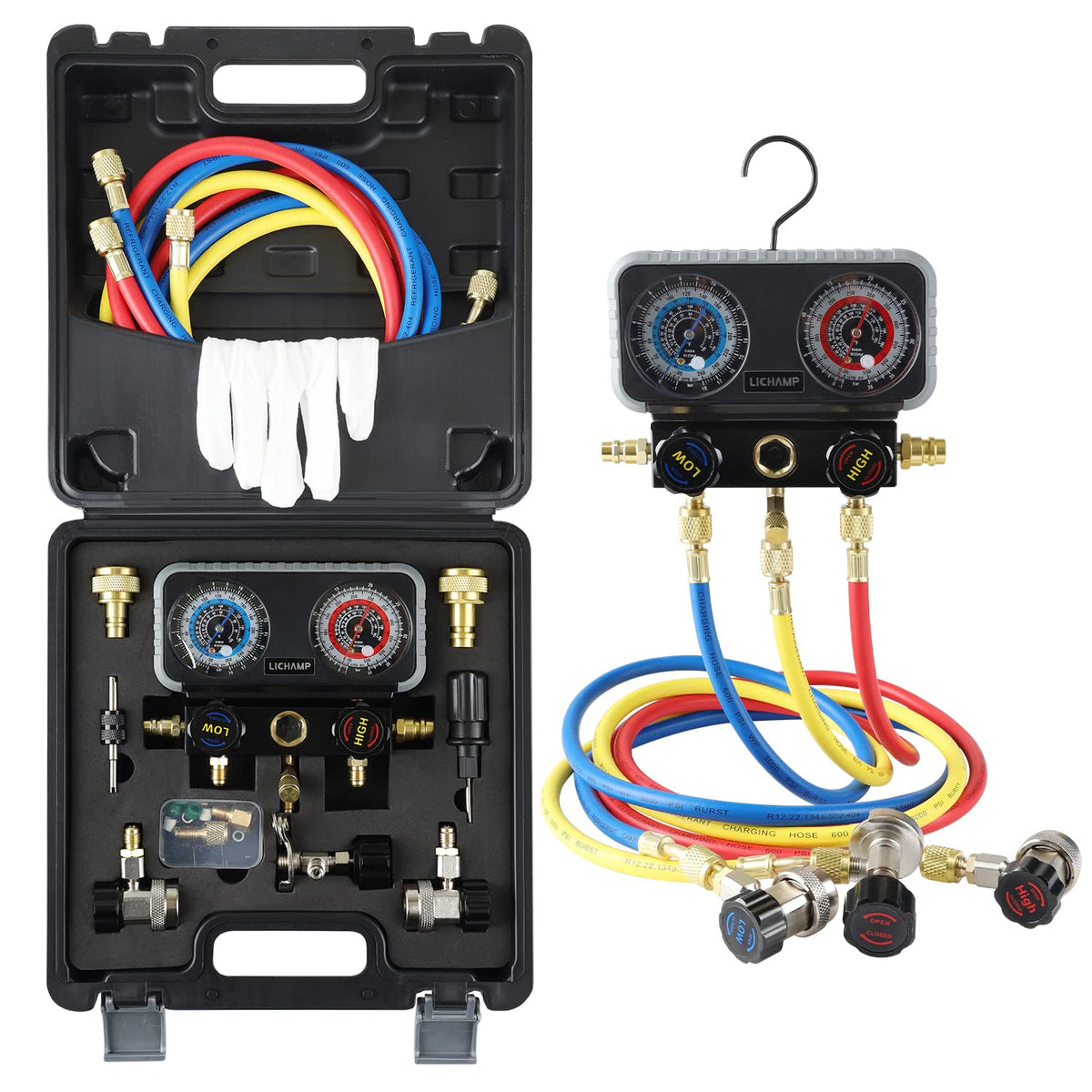 Lichamp front view of manifold gauge kit showing controls and connectors for clear operation