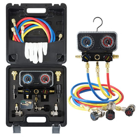 Lichamp front view of manifold gauge kit showing controls and connectors for clear operation