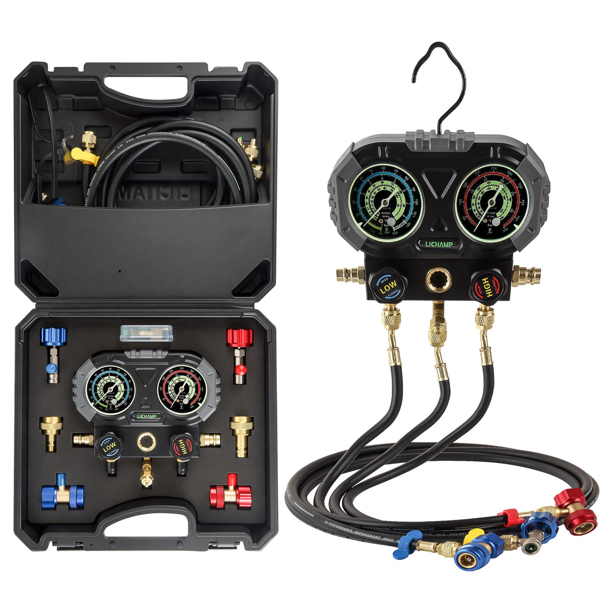Lichamp front view of manifold gauges showing controls and color-coded valves for quick service