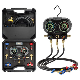 Lichamp front view of manifold gauges showing controls and color-coded valves for quick service