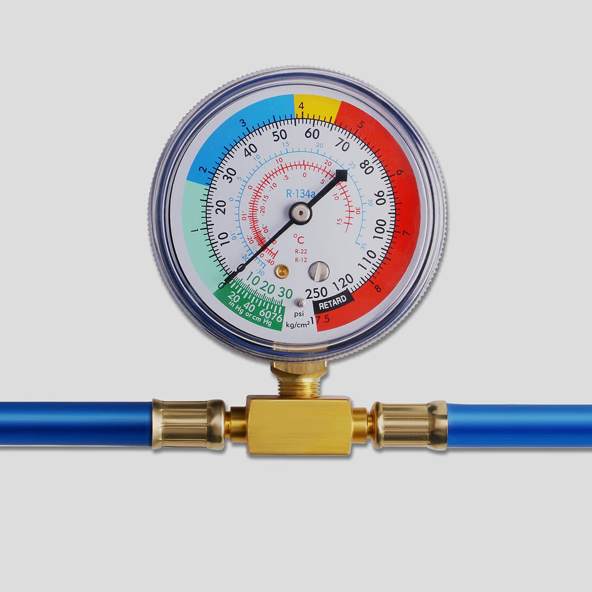 Lichamp gauge close-up with color-coded dial for fast pressure reading