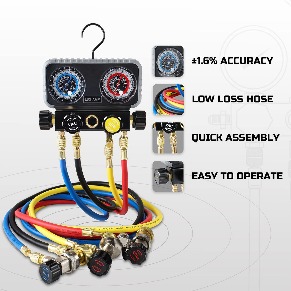 Lichamp reinforced hoses and 45-degree fitting detail for durable access