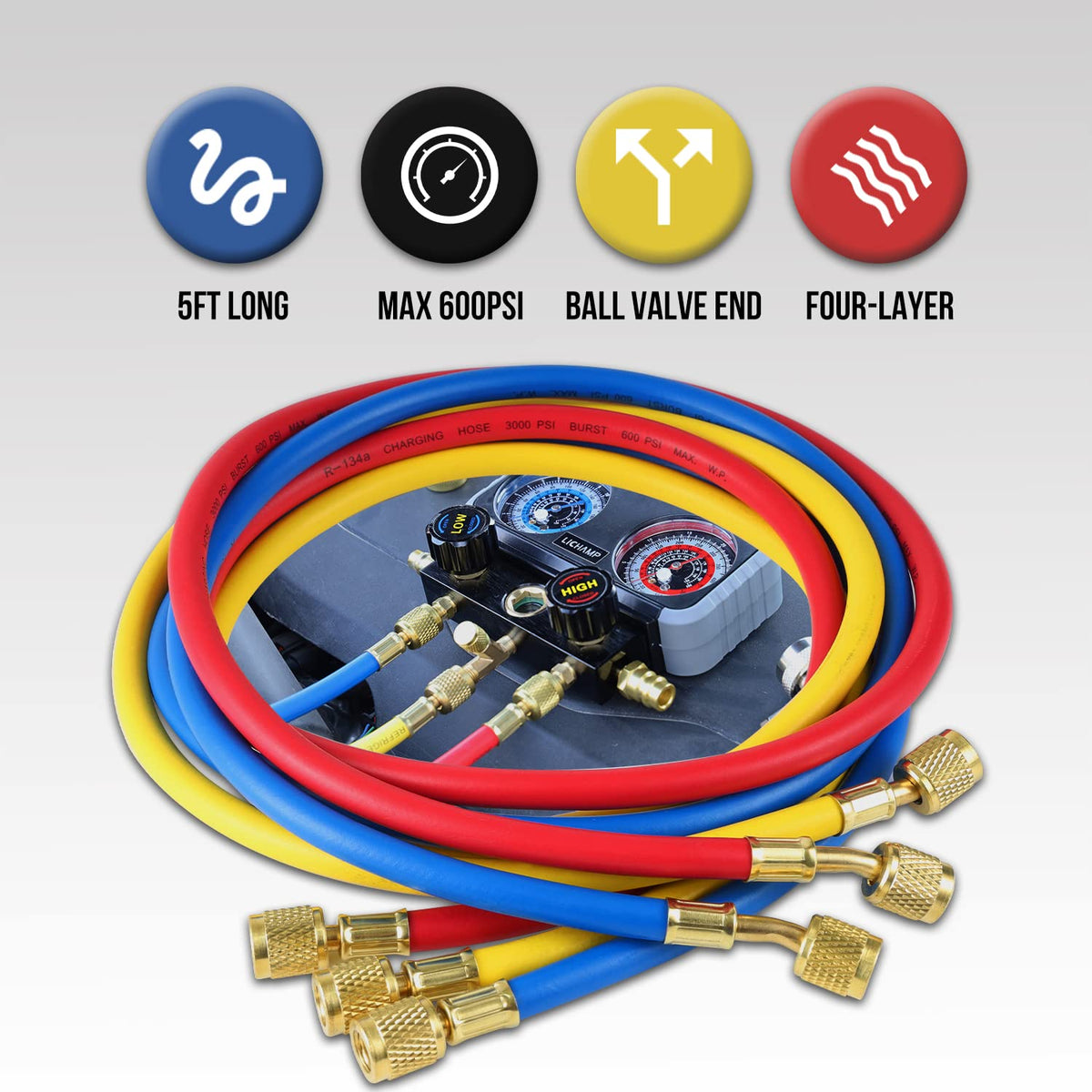Lichamp hoses next to ruler showing 5 ft length for extended reach during service