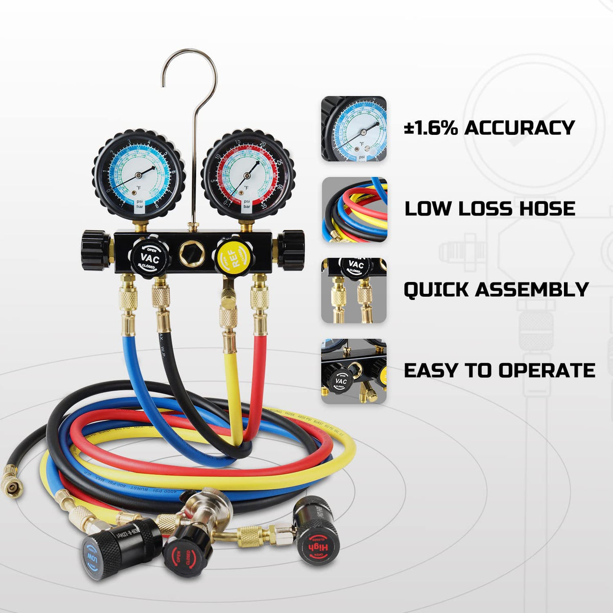 Lichamp hose set layout with color coded hoses for fast correct hookup