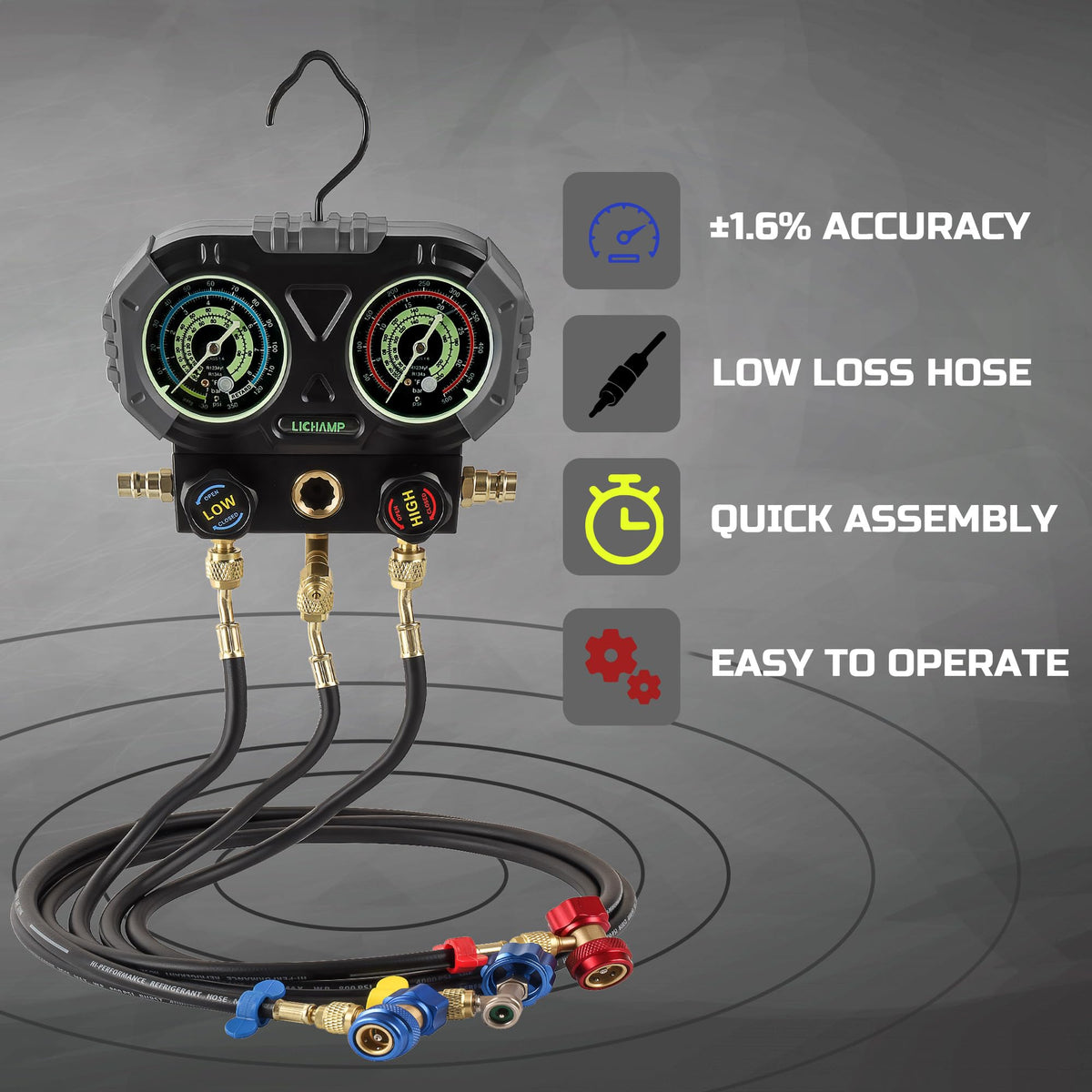 Lichamp reinforced 5-foot hoses displayed to show durable length and leak resistance