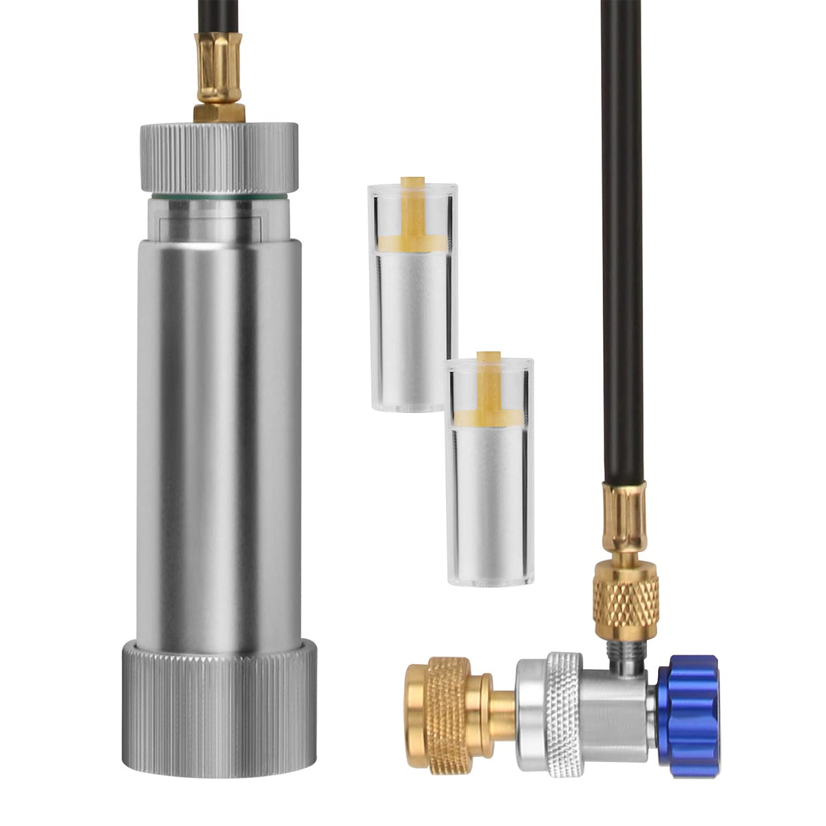 Lichamp injector front view showing compact aluminum body and coupler for easy transport