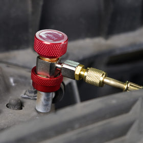 Lichamp kit in use on vehicle AC system showing easy connection to manifold hose for fast charging
