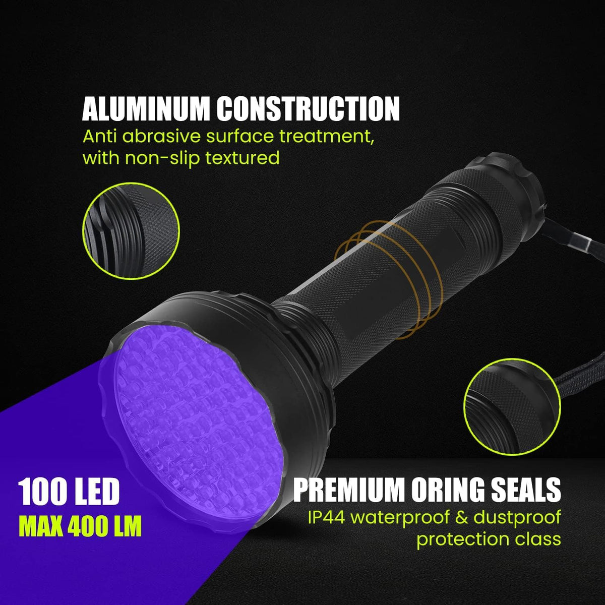 Lichamp close-up of 51 LED UV array revealing powerful near-UV light for clearer fluorescent detection