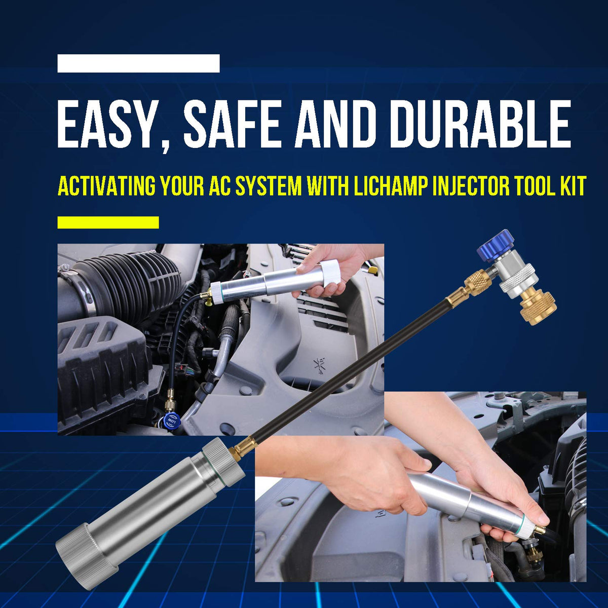 Lichamp injector installed in a vehicle engine bay showing real‑world service use