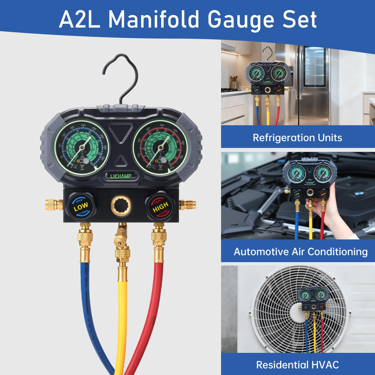 Lichamp on workbench with manifold and tools illustrating organized workflow and technician efficiency